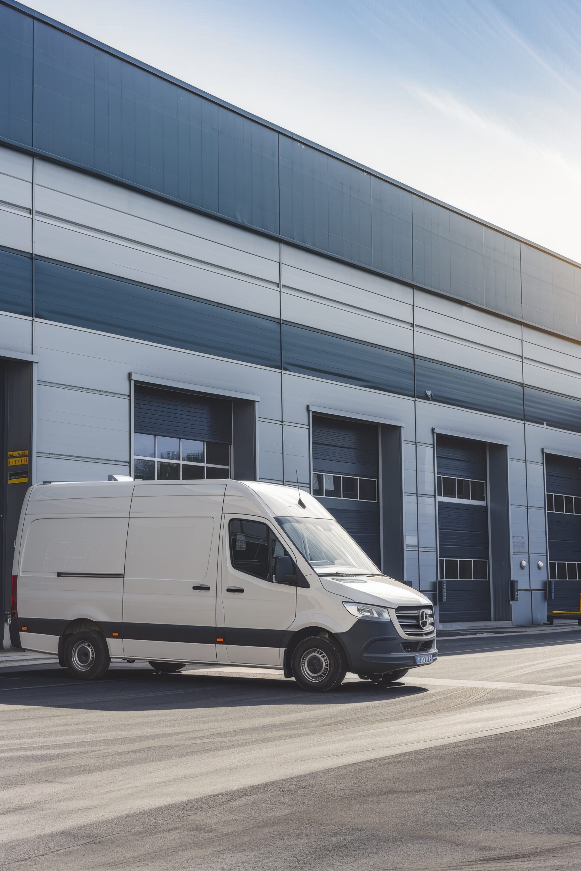 Modern cargo van parked outside a warehouse, highlighting efficiency and logistics in transportation